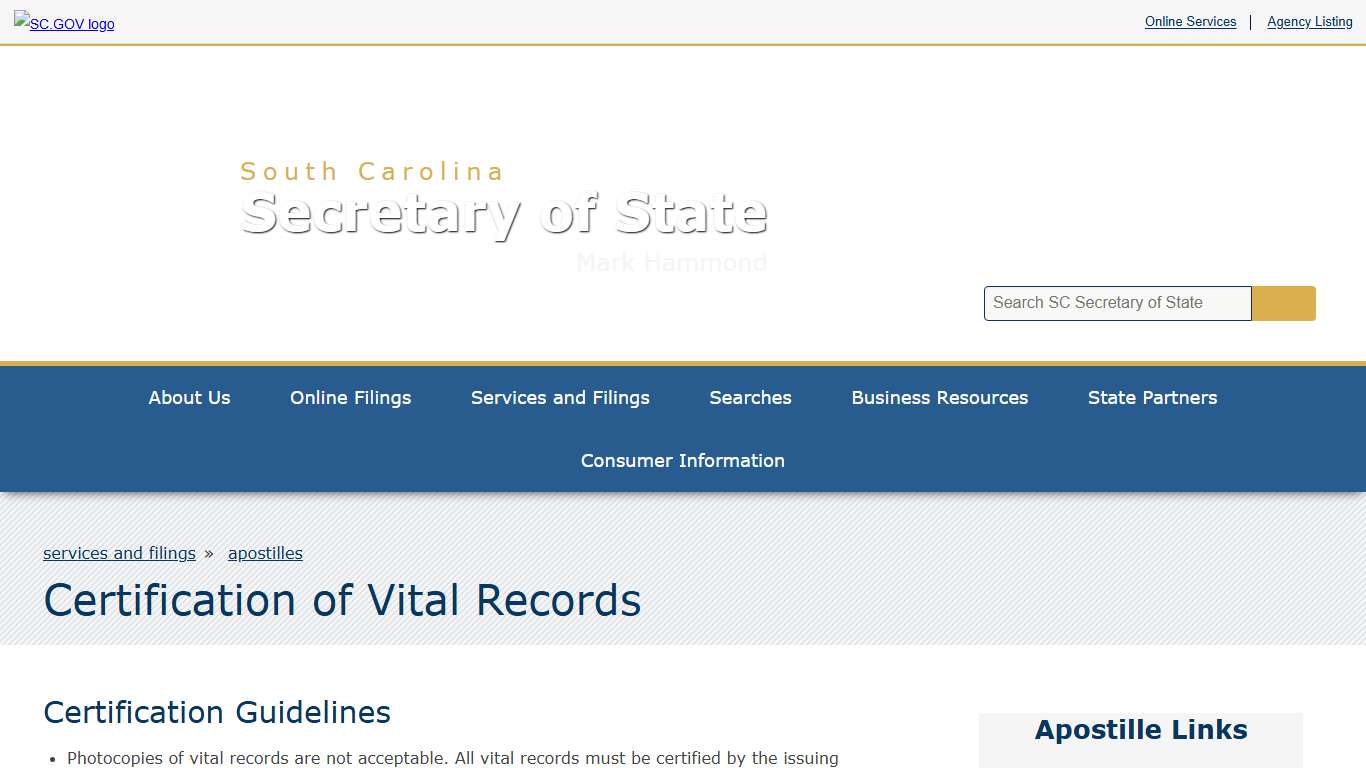 Certification of Vital Records | SC Secretary of State